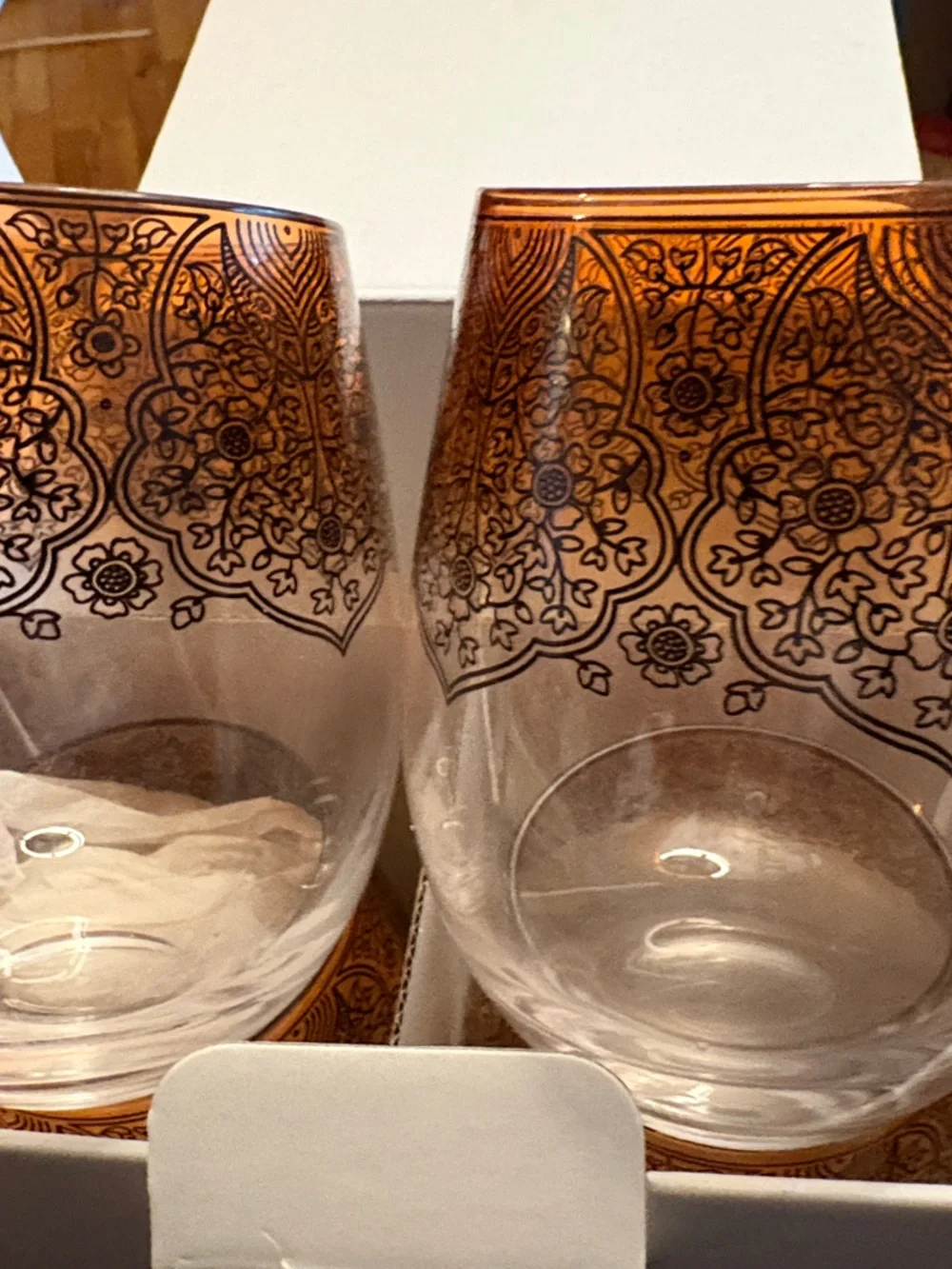 LSA Clear Hand-Painted Brownish Rust Art Noveau Stemless Wine Glasses